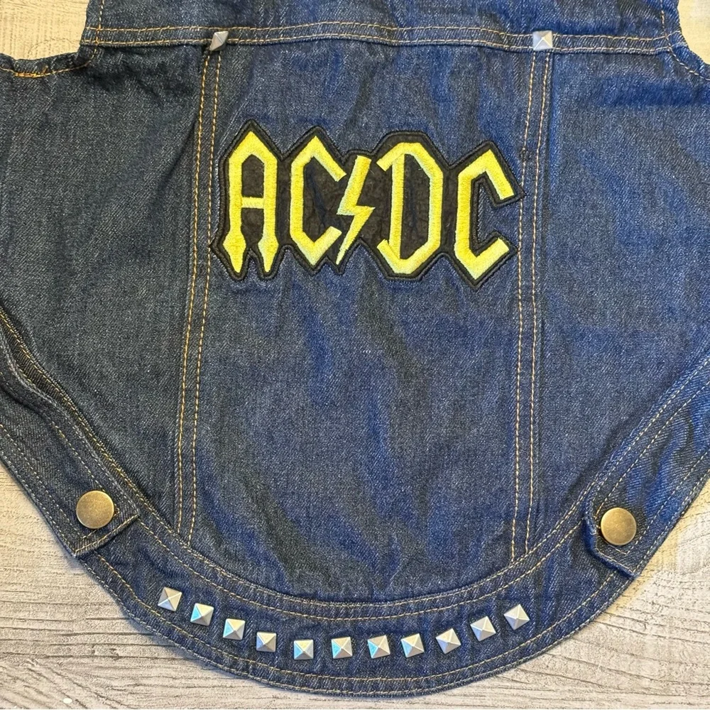 Fatdog AC/DC dog Denim Jacket Black Hoodie studded blue Jean vest rocker SMALL